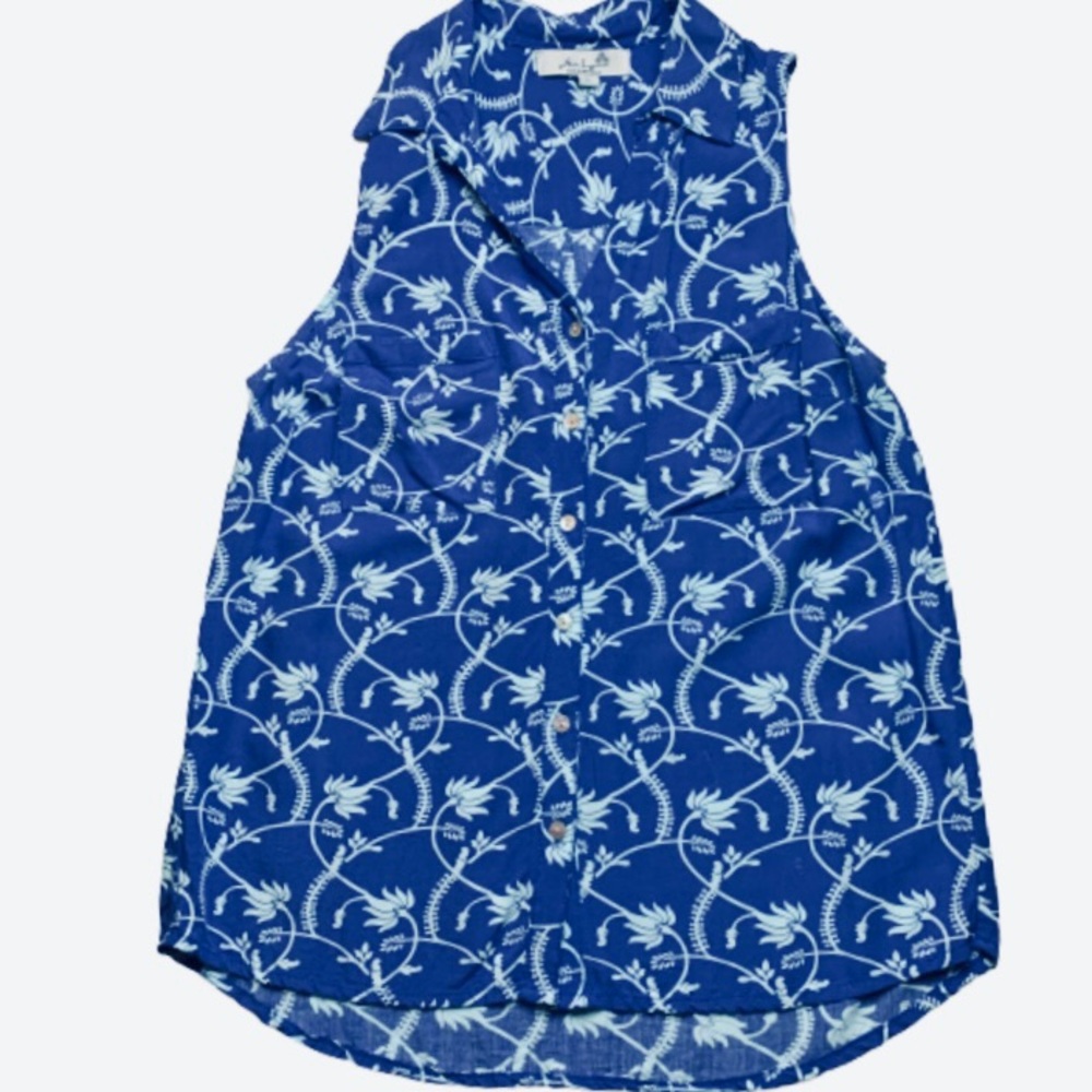 Vibrant Blue Sleeveless Tunic Ava Lynn Button Down White Print EUC L